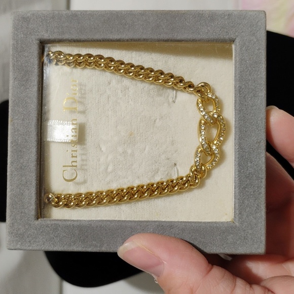 SALE! Auth Christian Dior Gold Rhinestone Choker Necklace Chunky Curb Chain/Box - Picture 11 of 11